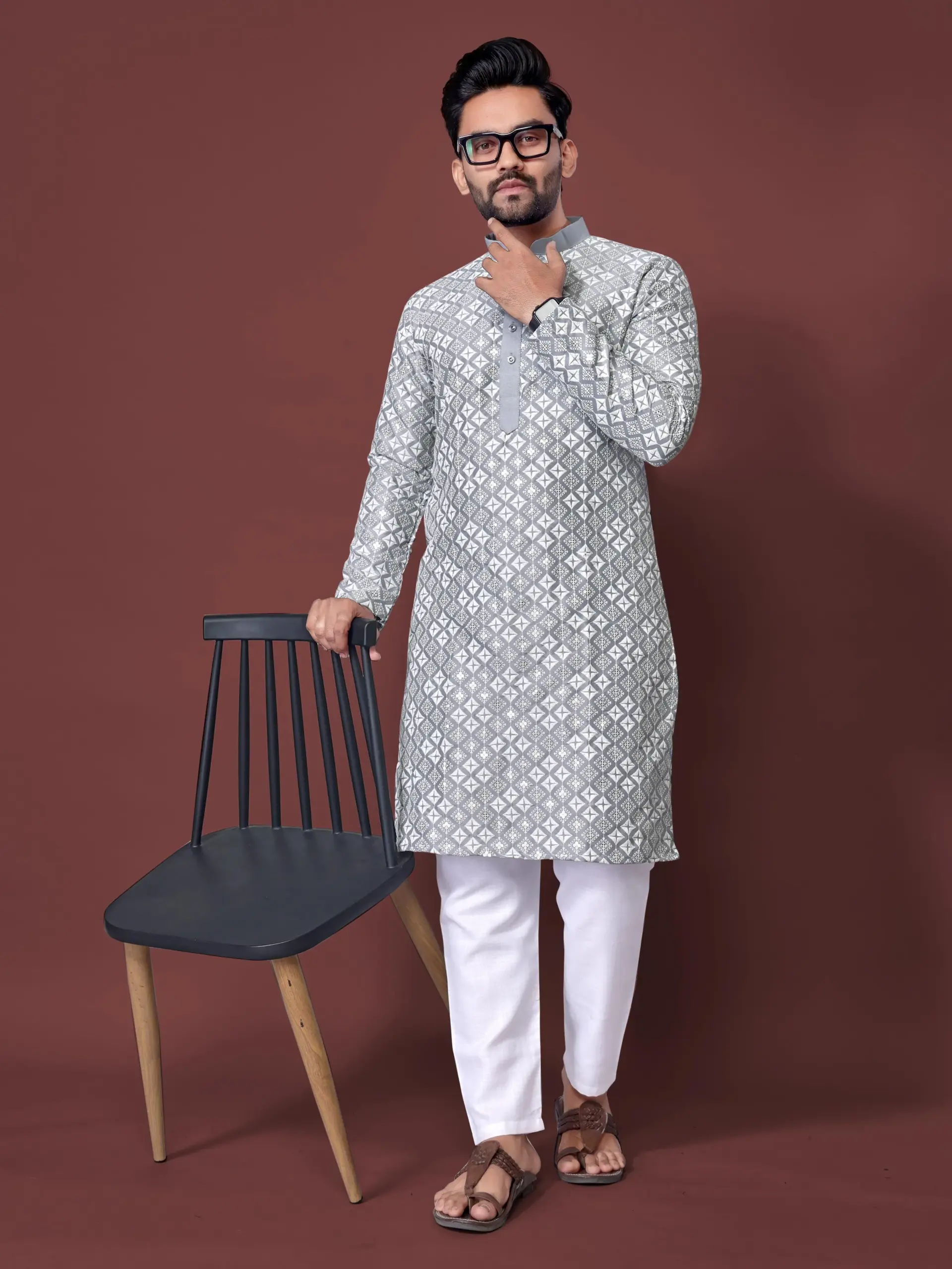 Grey Soft Silk Sequence Embroidered Men's Kurta Pyjama