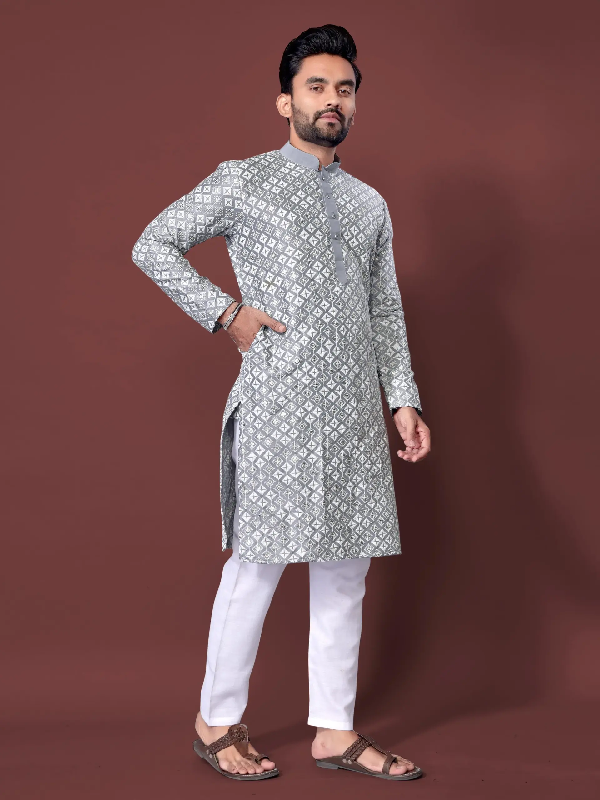 Grey Soft Silk Sequence Embroidered Men's Kurta Pyjama - Image 3