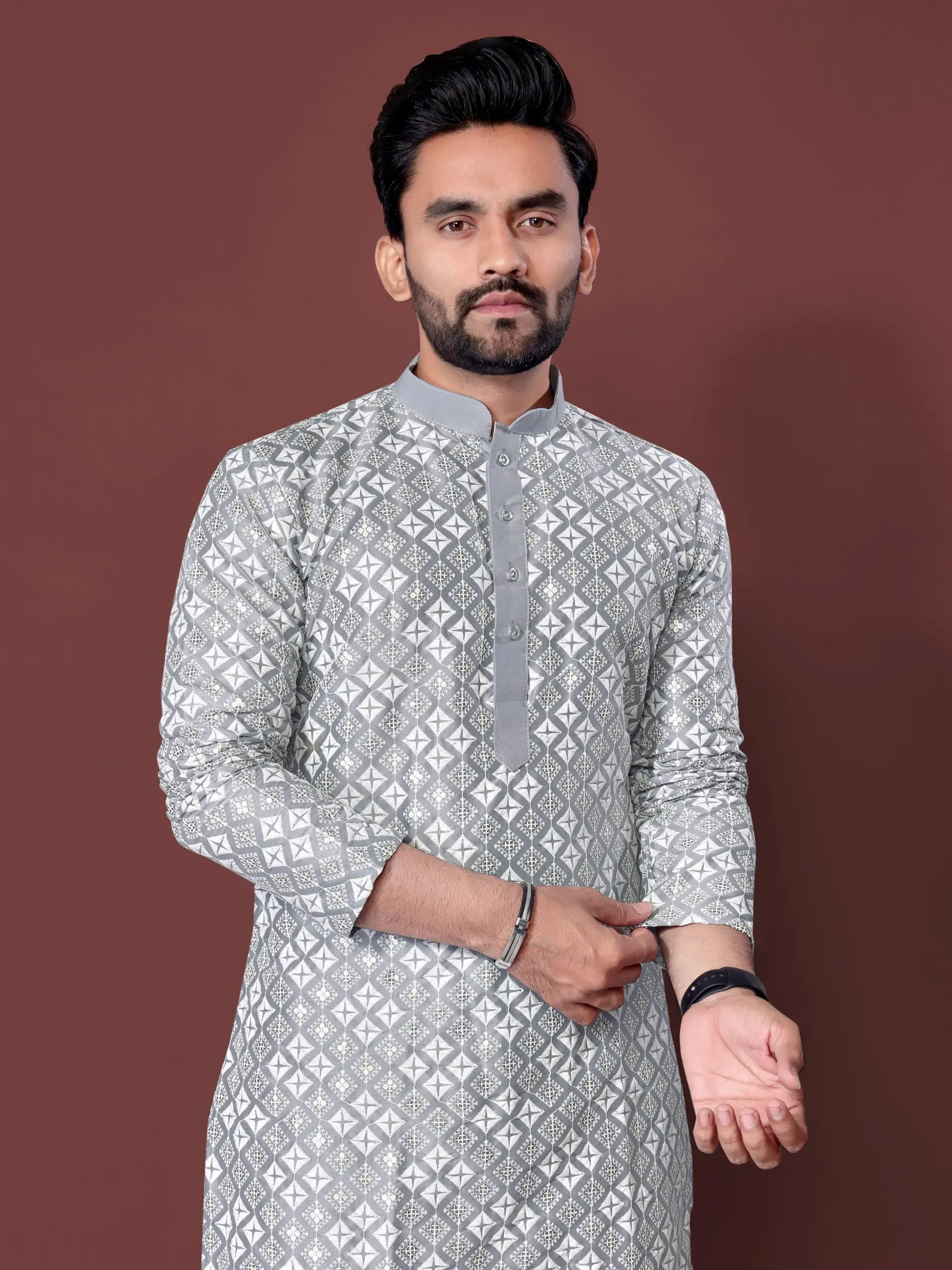 Grey Soft Silk Sequence Embroidered Men's Kurta Pyjama - Image 4