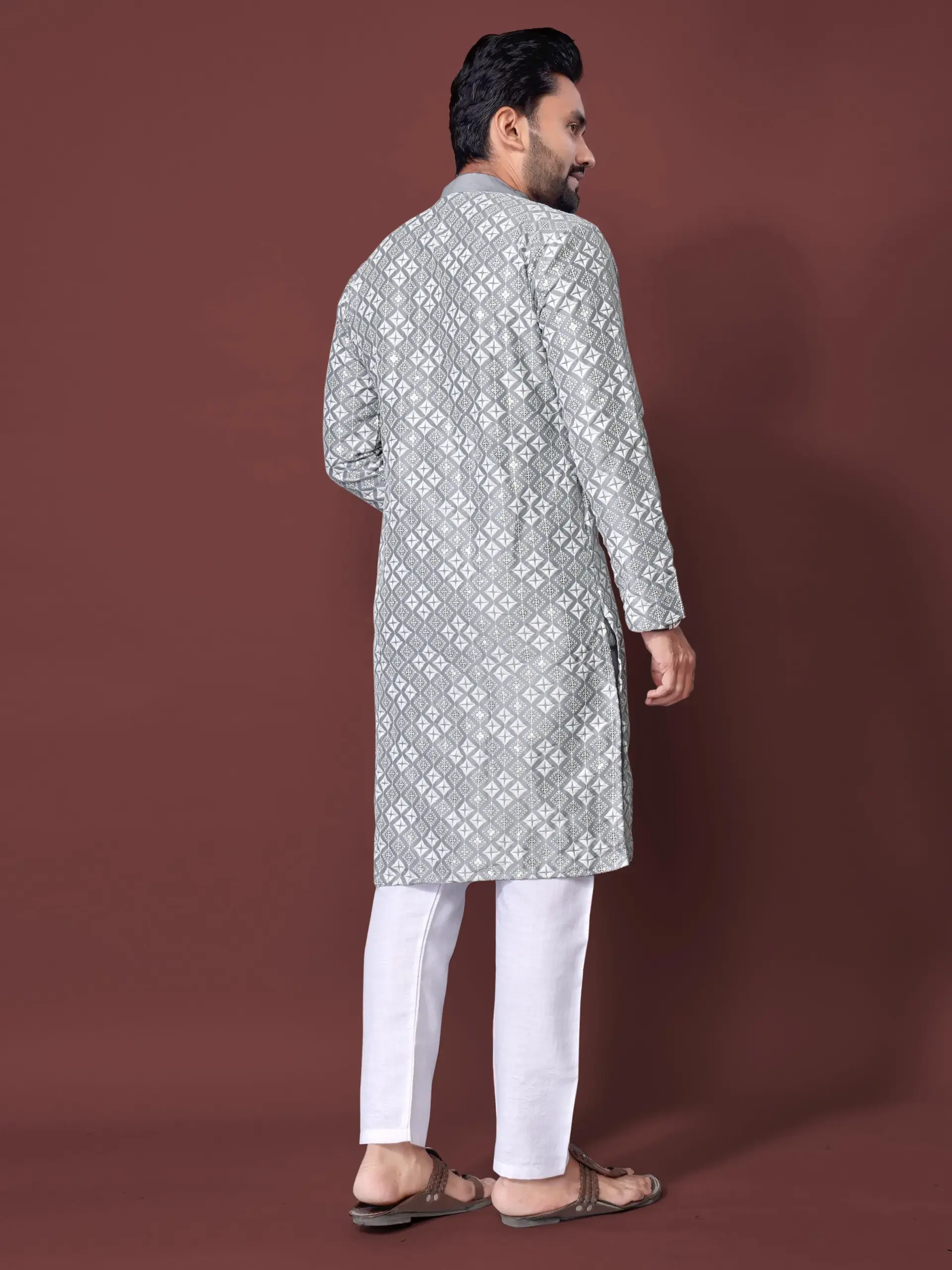 Grey Soft Silk Sequence Embroidered Men's Kurta Pyjama - Image 2