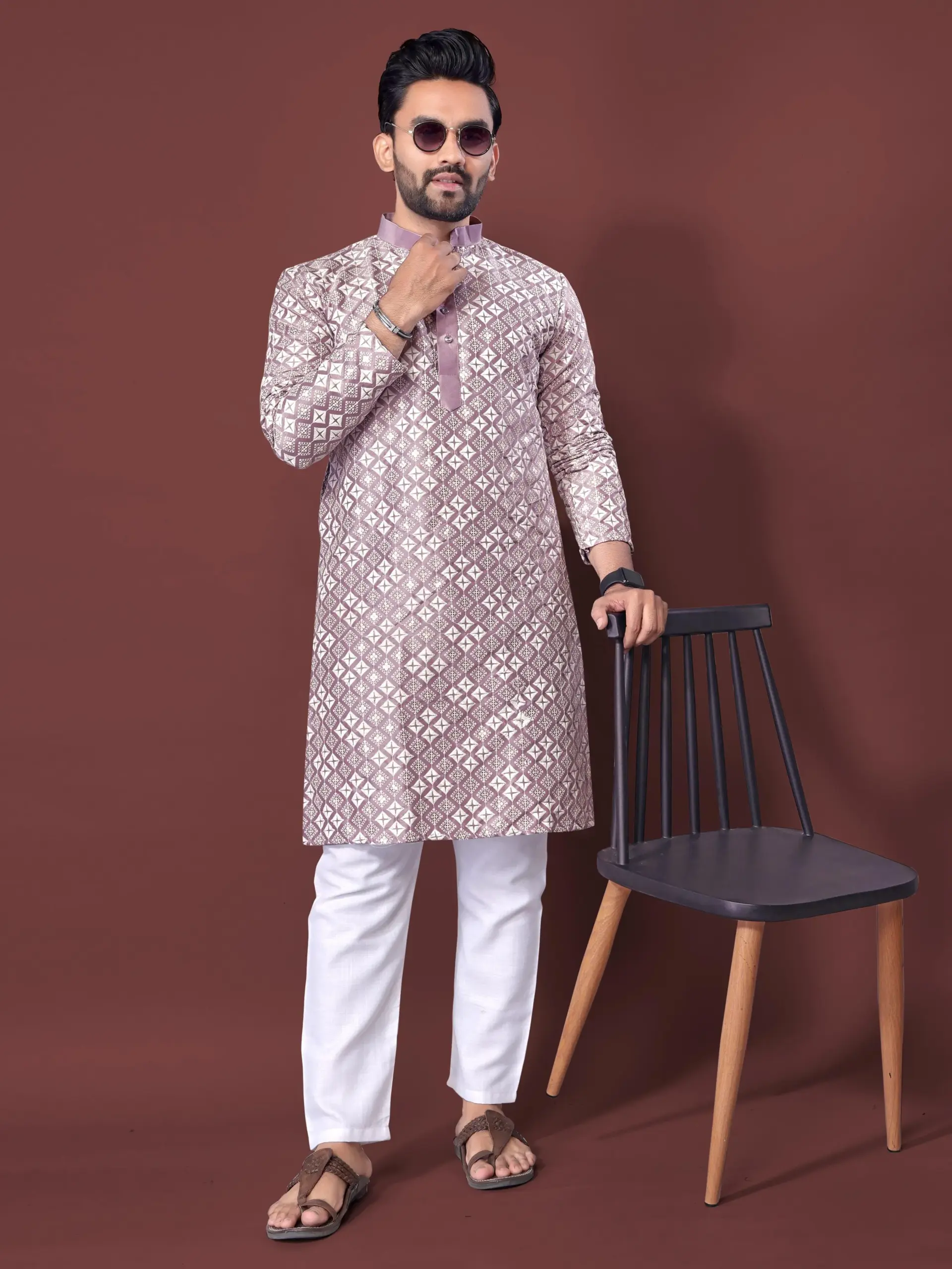 Light Purple Soft Silk Sequence Embroidered Men's Kurta Pyjama