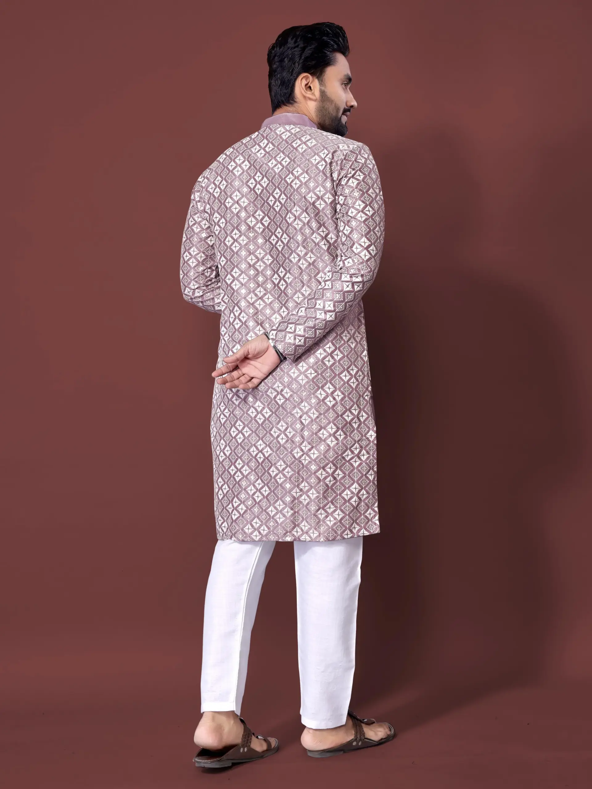 Light Purple Soft Silk Sequence Embroidered Men's Kurta Pyjama - Image 3