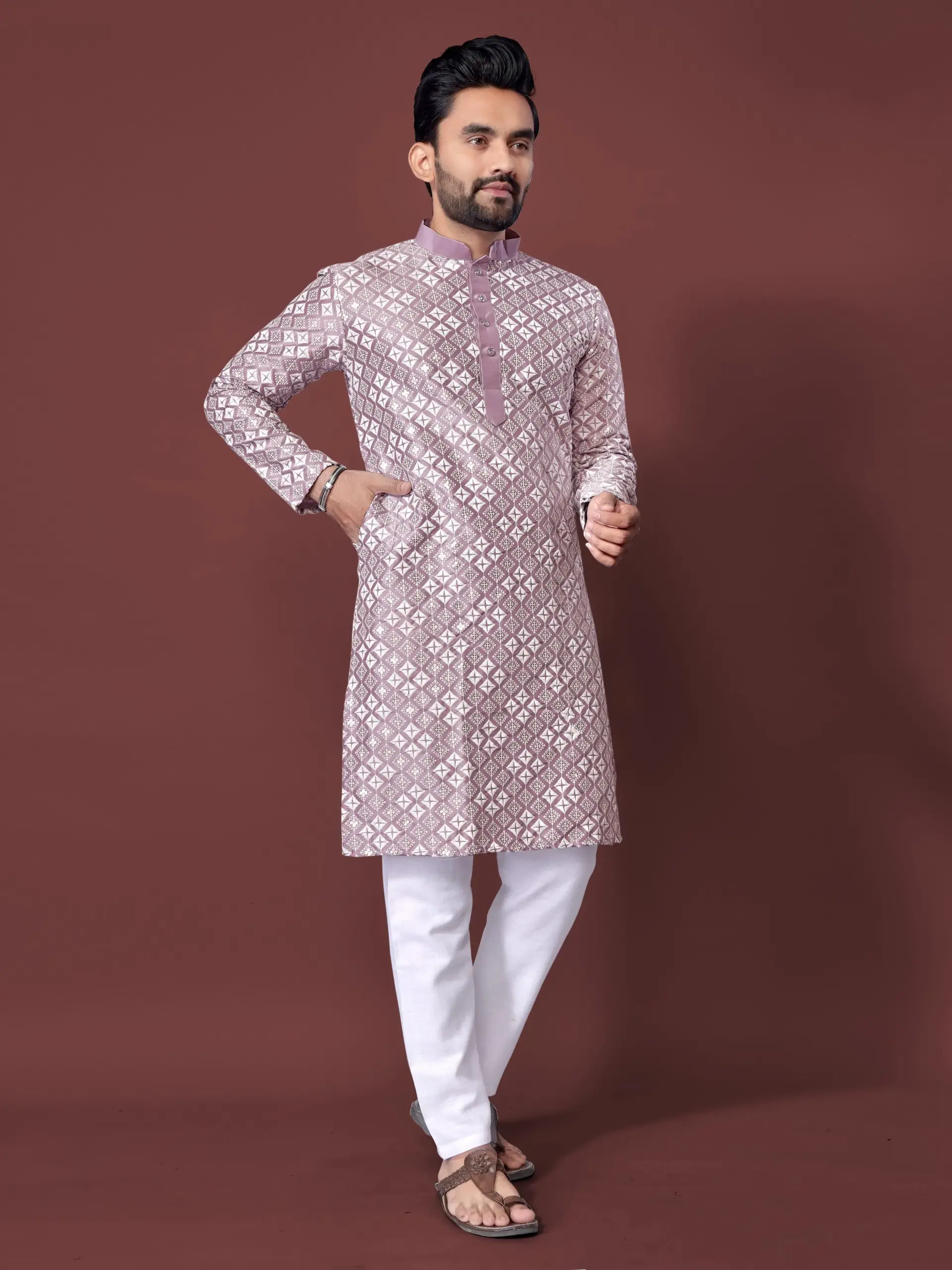 Light Purple Soft Silk Sequence Embroidered Men's Kurta Pyjama - Image 4