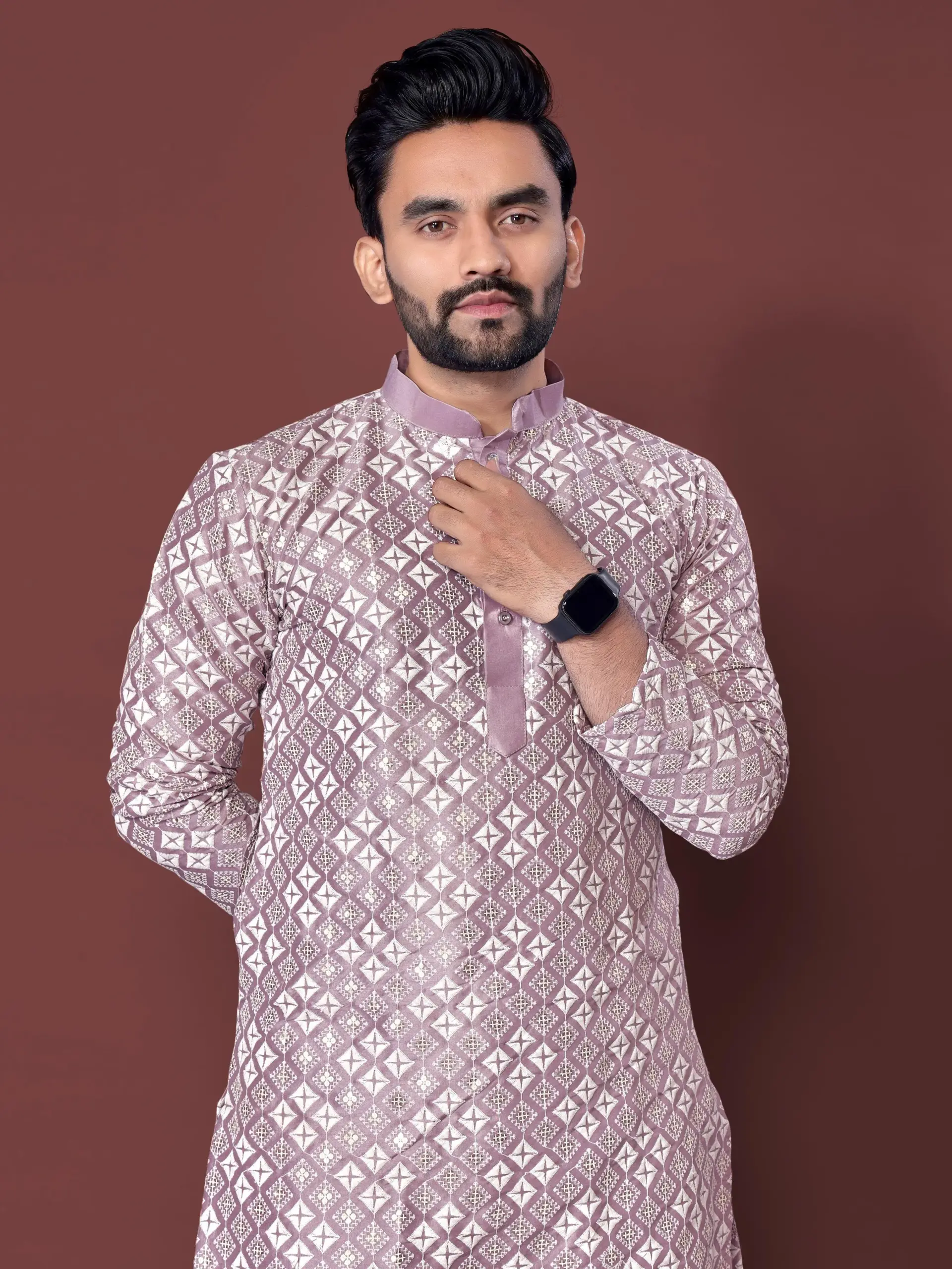 Light Purple Soft Silk Sequence Embroidered Men's Kurta Pyjama - Image 2