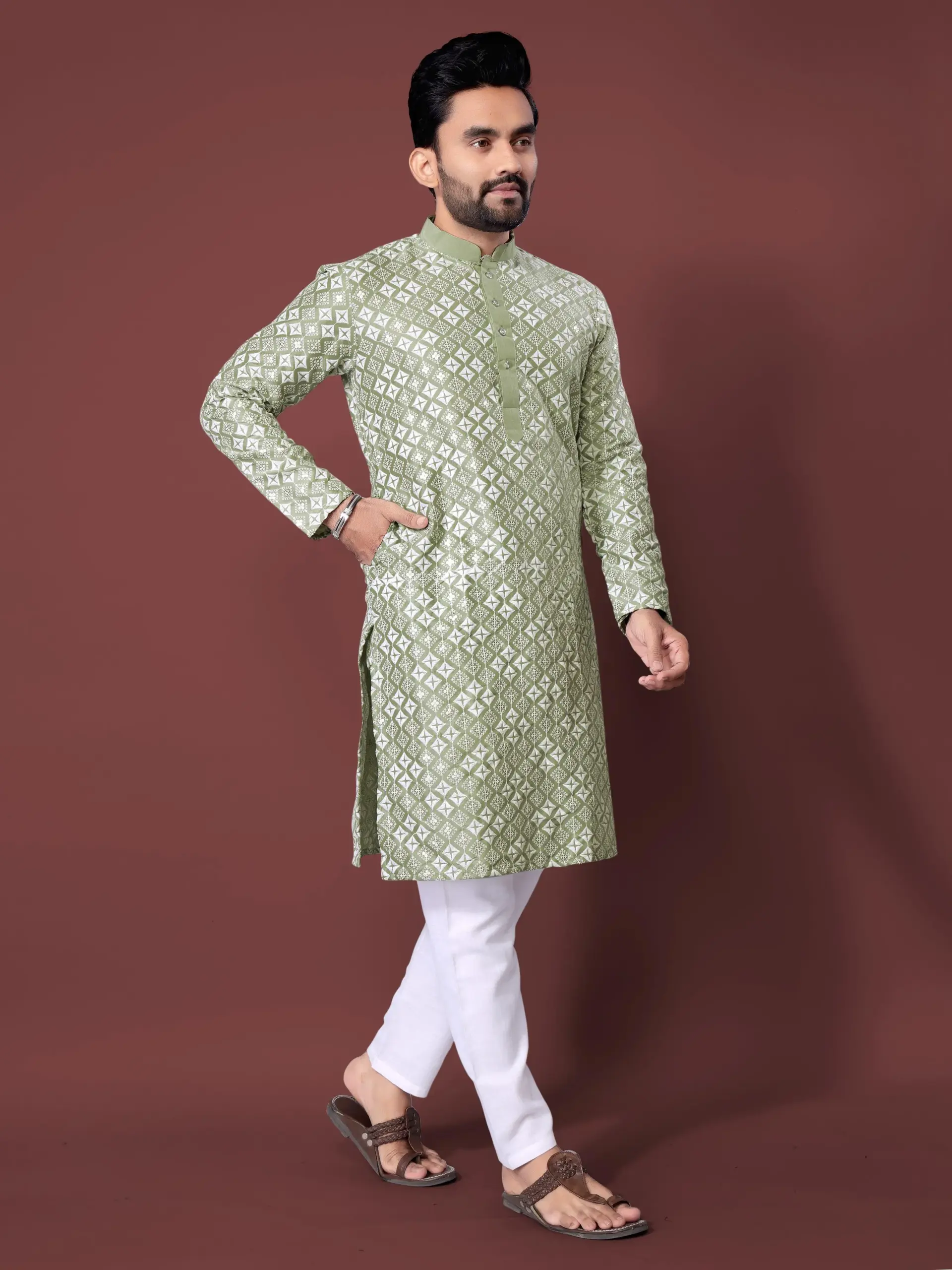 Olive Soft Silk Sequence Embroidered Men's Kurta Pyjama - Image 2