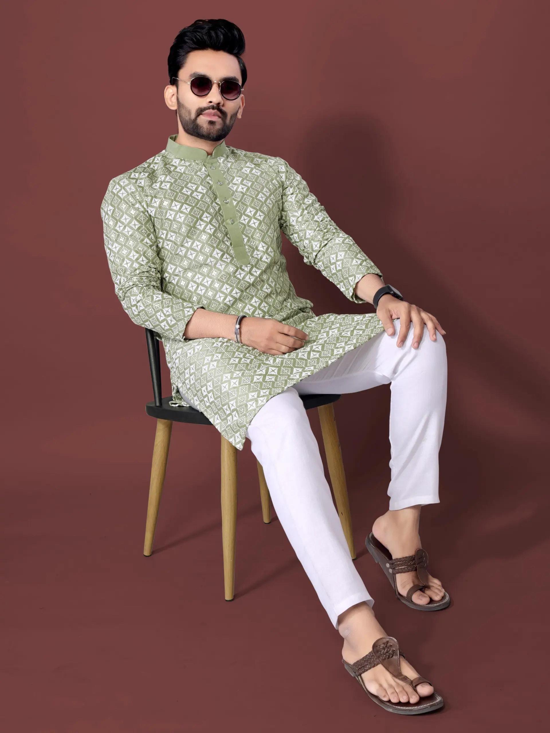 Olive Soft Silk Sequence Embroidered Men's Kurta Pyjama