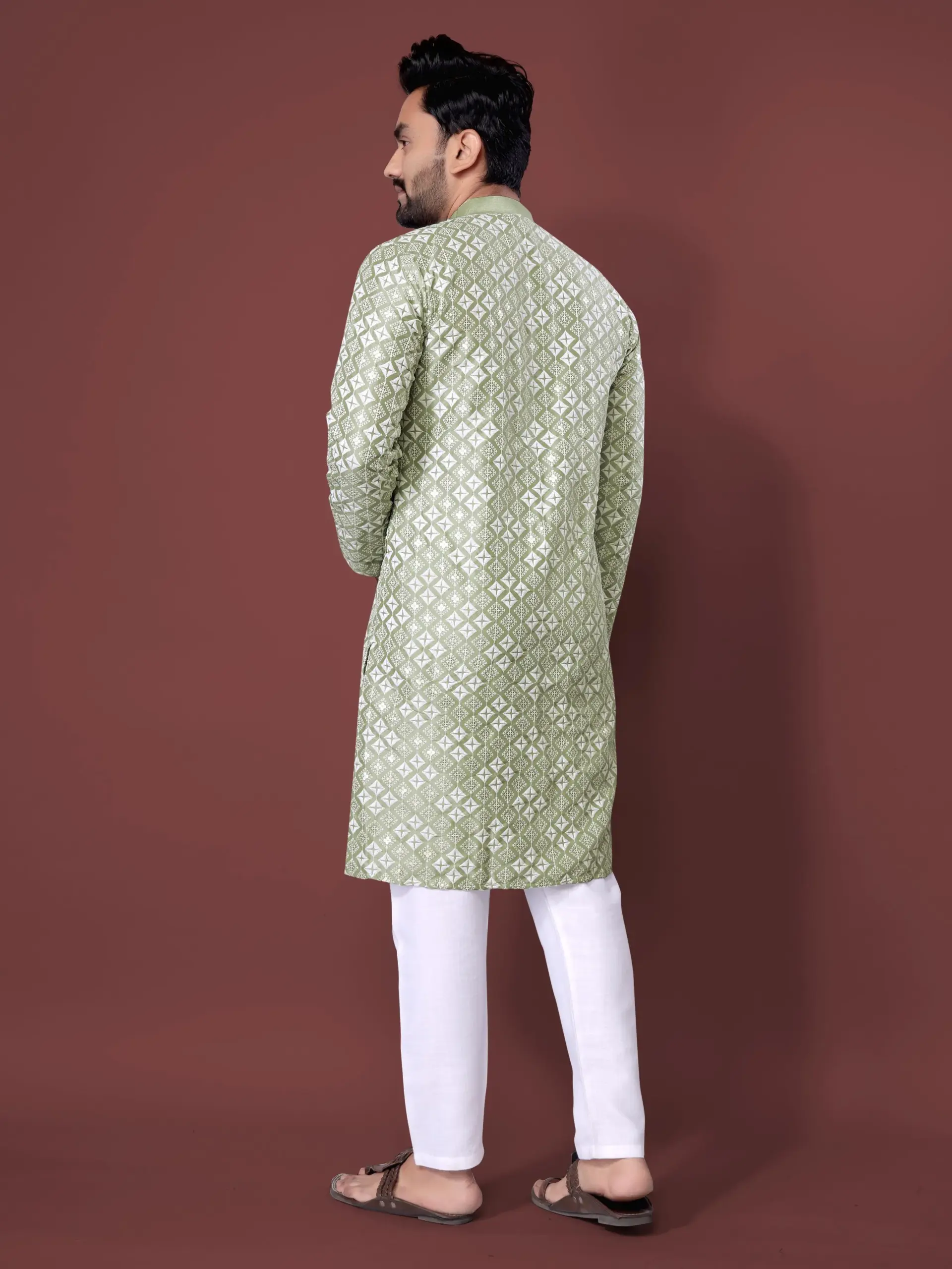 Olive Soft Silk Sequence Embroidered Men's Kurta Pyjama - Image 3