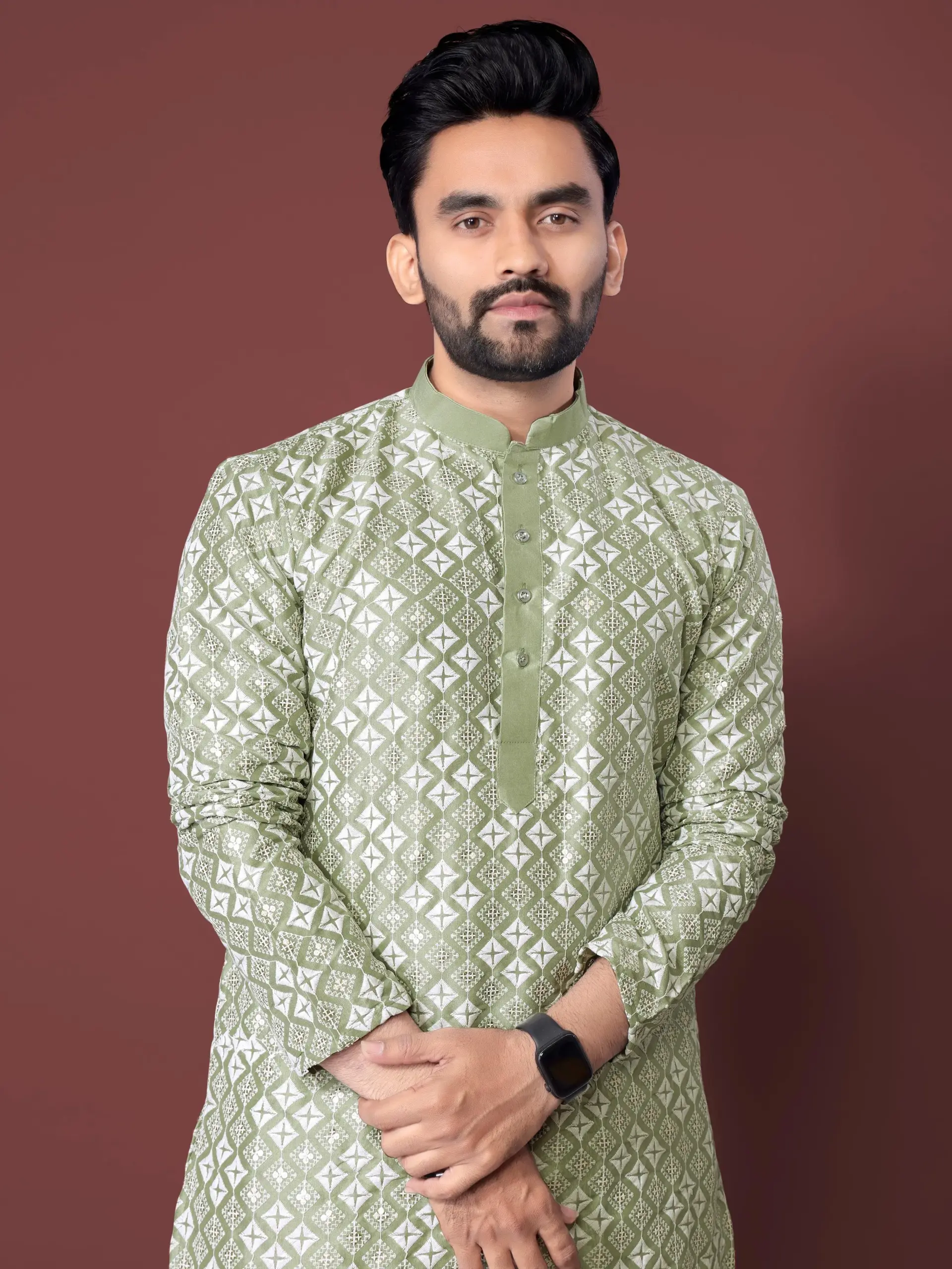 Olive Soft Silk Sequence Embroidered Men's Kurta Pyjama - Image 4
