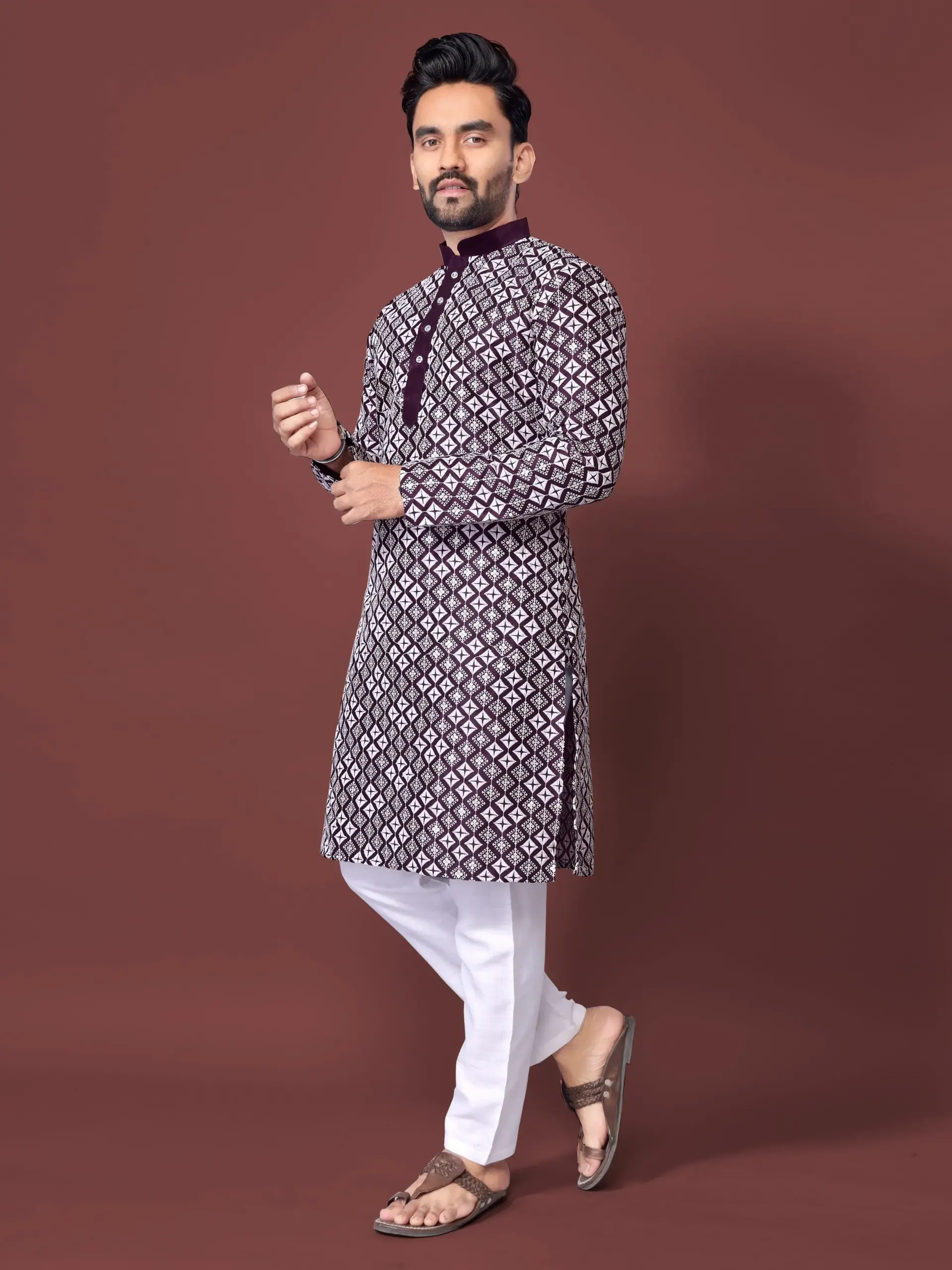 Purple Soft Silk Sequence Embroidered Men's Kurta Pyjama - Image 3