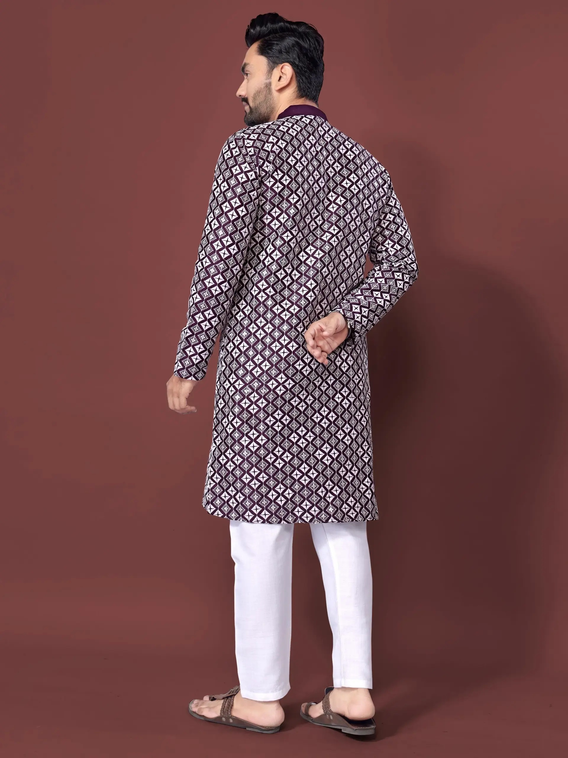 Purple Soft Silk Sequence Embroidered Men's Kurta Pyjama - Image 4