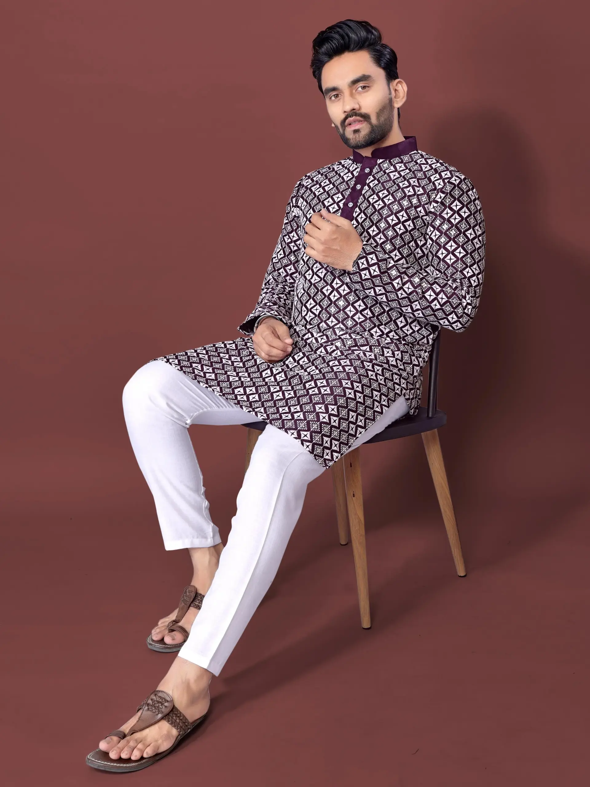 Purple Soft Silk Sequence Embroidered Men's Kurta Pyjama