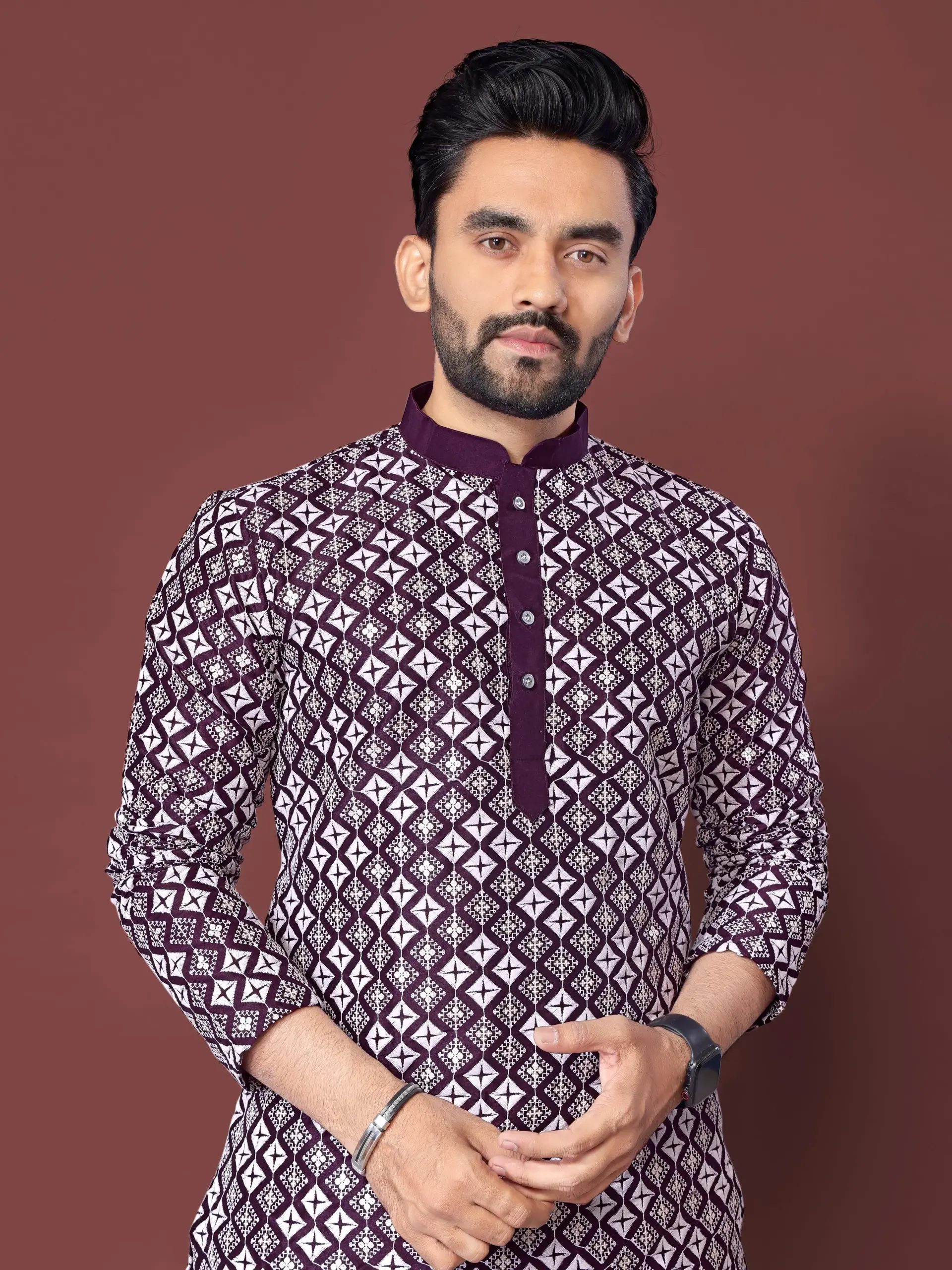 Purple Soft Silk Sequence Embroidered Men's Kurta Pyjama - Image 2