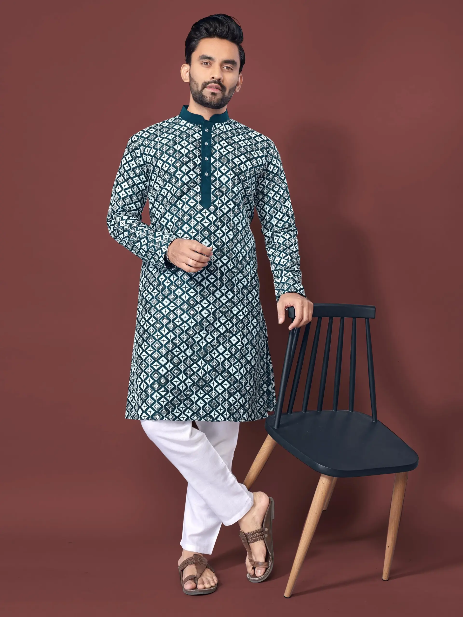 Teal Soft Silk Sequence Embroidered Men's Kurta Pyjama
