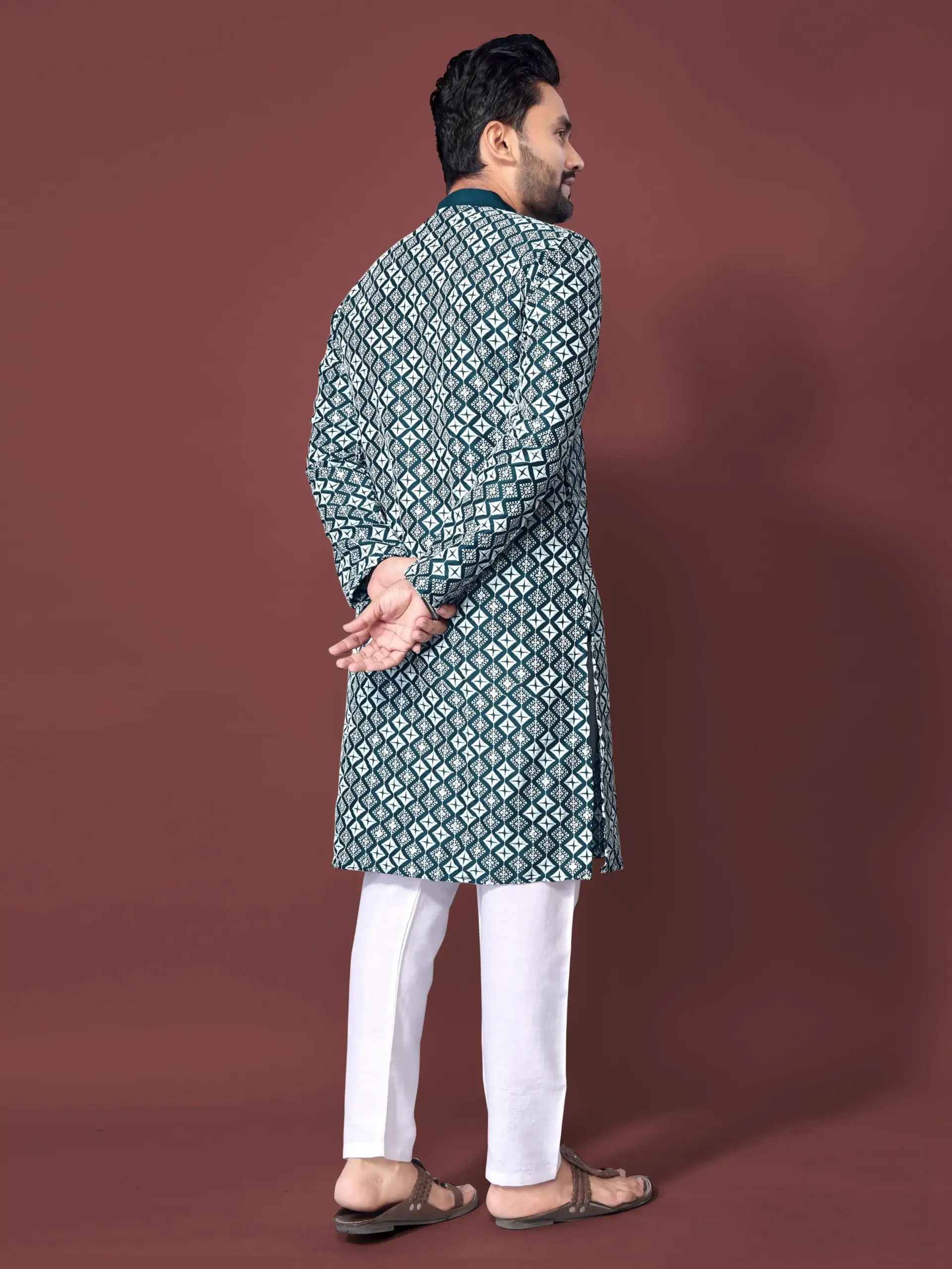 Teal Soft Silk Sequence Embroidered Men's Kurta Pyjama - Image 2