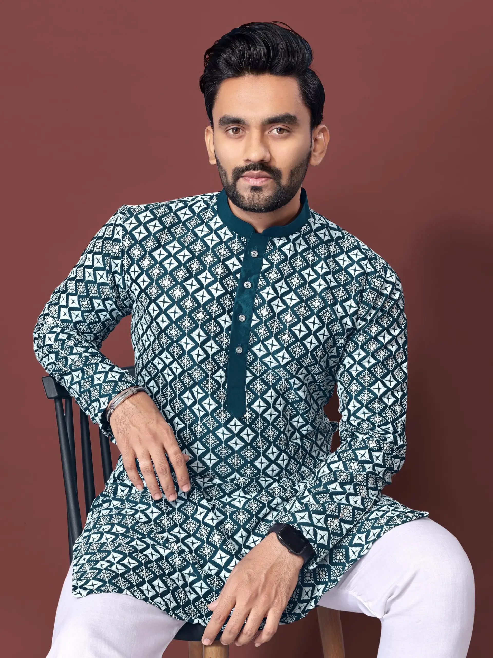 Teal Soft Silk Sequence Embroidered Men's Kurta Pyjama - Image 3