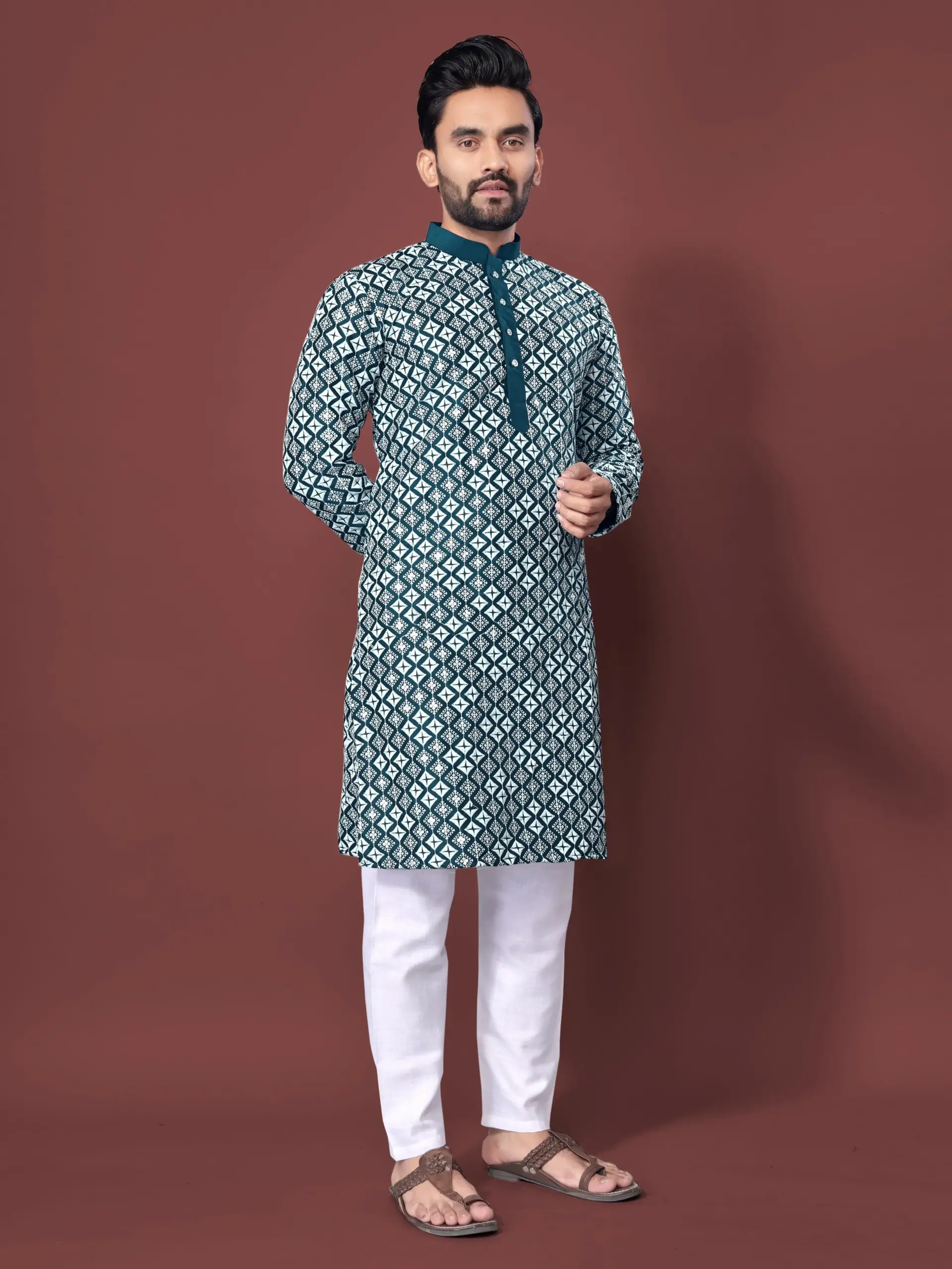 Teal Soft Silk Sequence Embroidered Men's Kurta Pyjama - Image 4