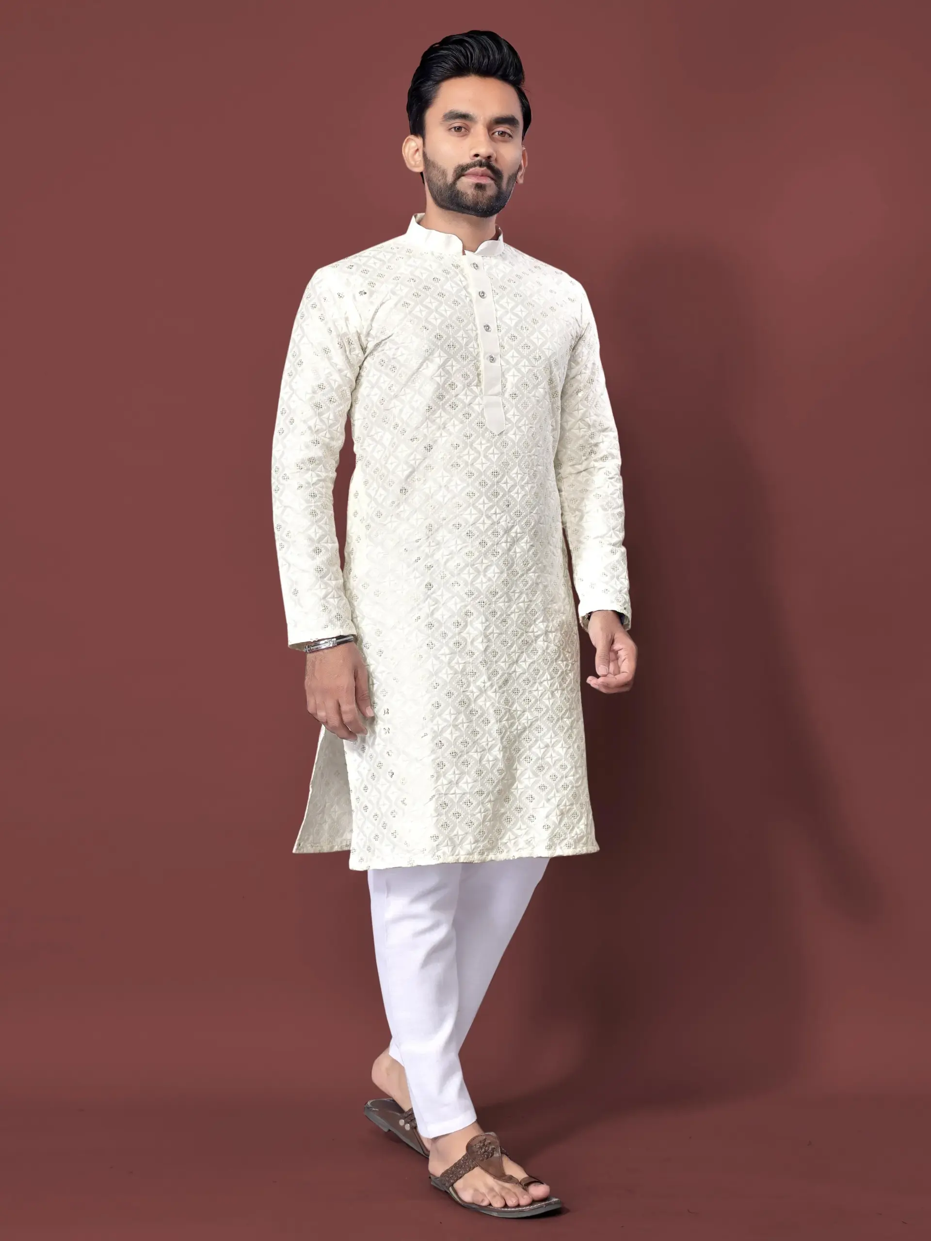 White Soft Silk Sequence Embroidered Men's Kurta Pyjama
