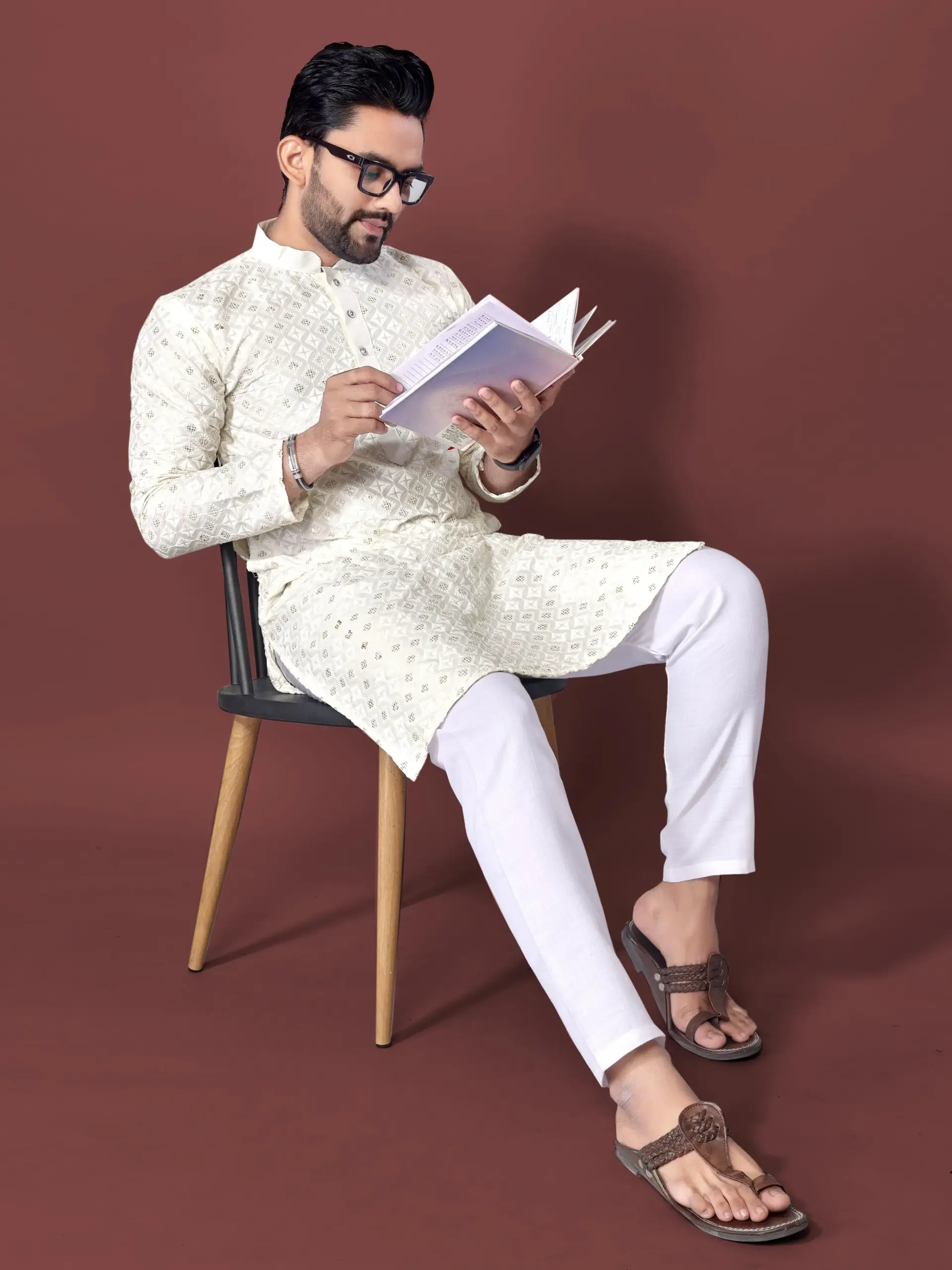 White Soft Silk Sequence Embroidered Men's Kurta Pyjama - Image 3