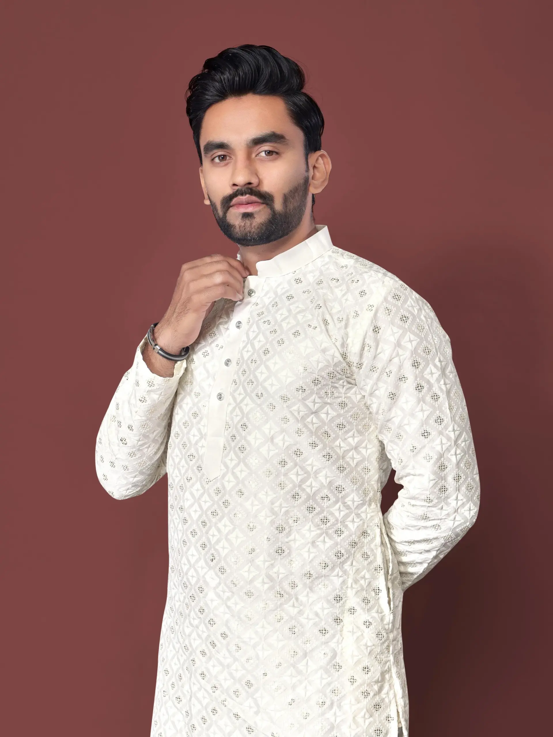 White Soft Silk Sequence Embroidered Men's Kurta Pyjama - Image 4