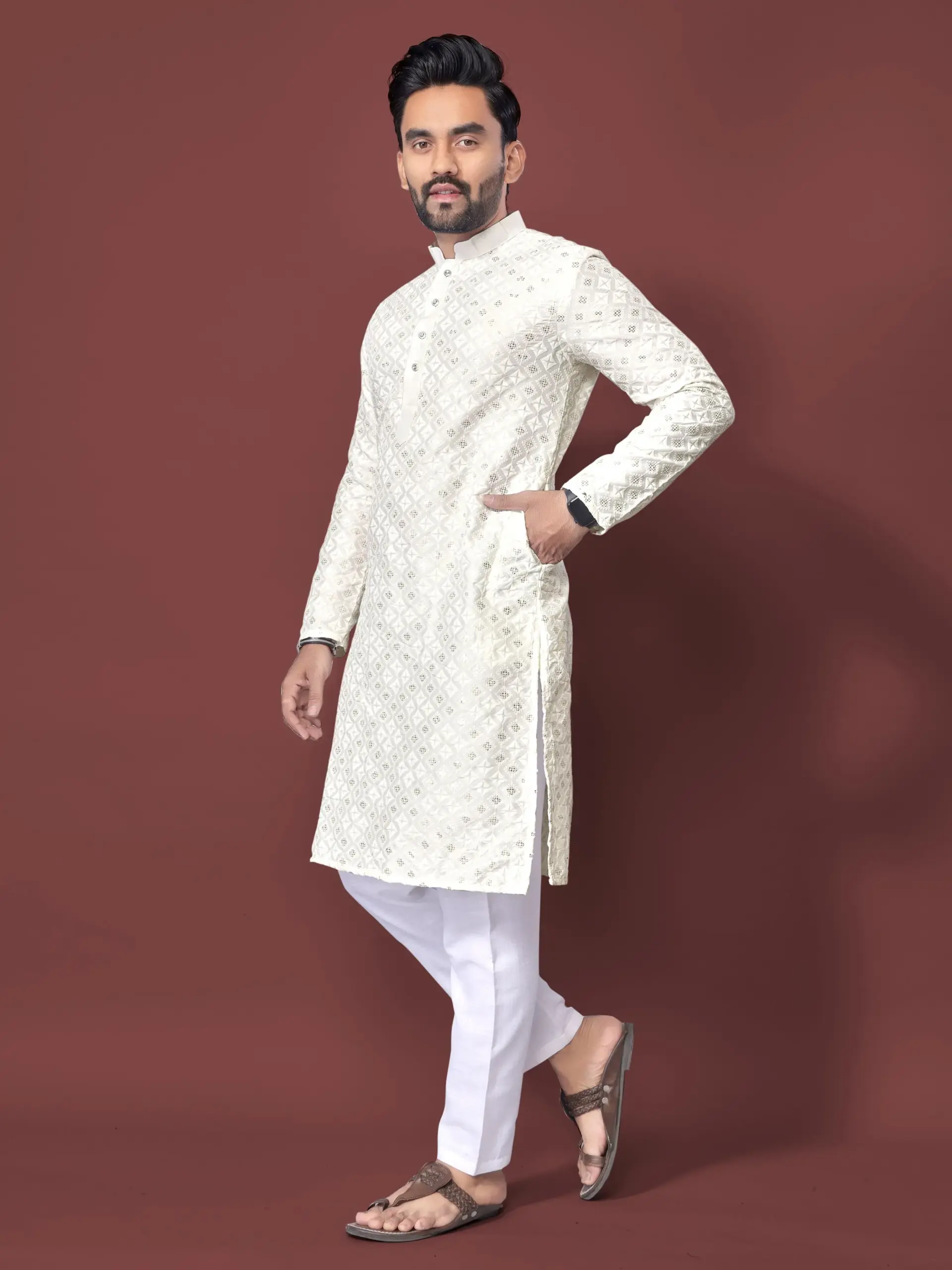 White Soft Silk Sequence Embroidered Men's Kurta Pyjama - Image 2