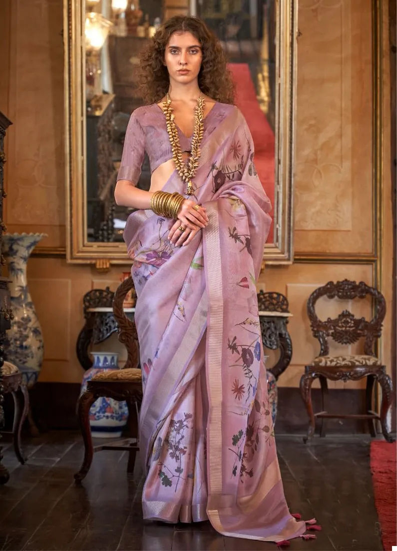 Orchid Pink Soft Silk Weave Digital Printed Party Wear Saree