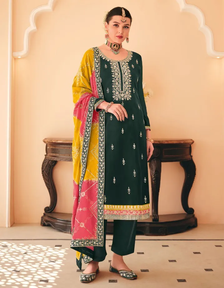Bottle Green Heavy Chinon Embroidered Salwar Suit