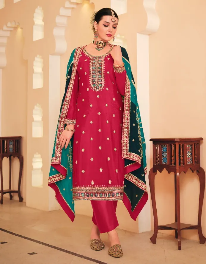 Red Heavy Chinon Embroidered Salwar Suit