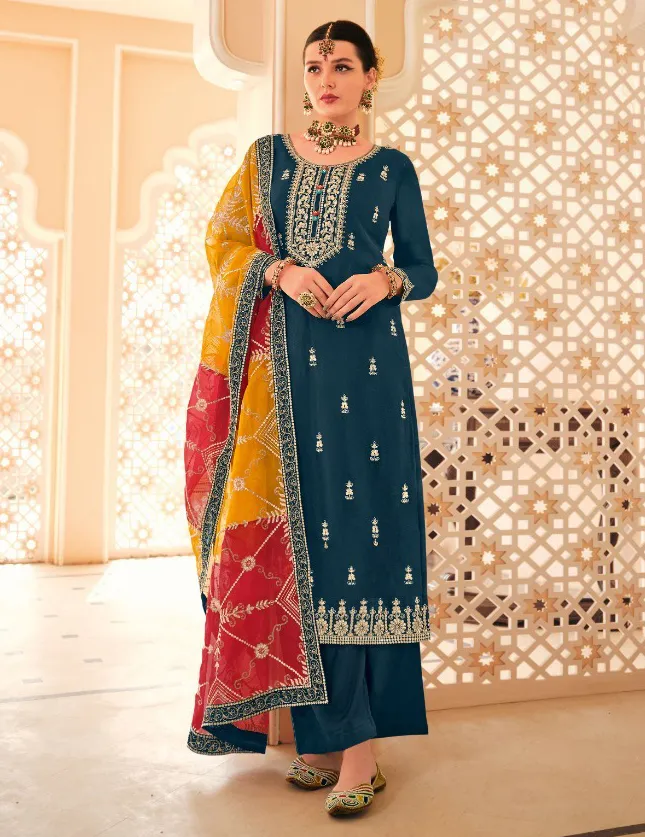 Teal Blue Heavy Chinon Embroidered Salwar Suit
