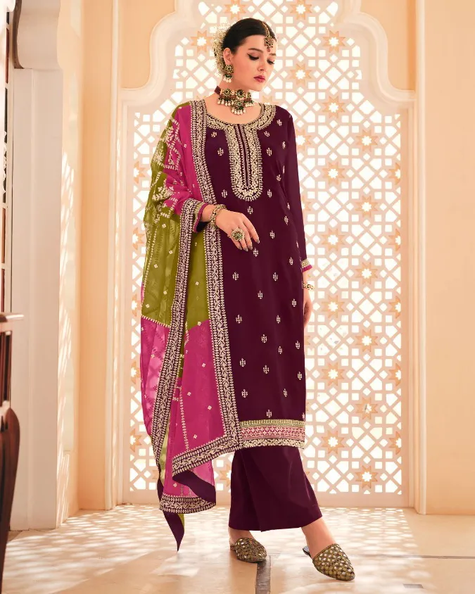 Wine Heavy Chinon Embroidered Salwar Suit