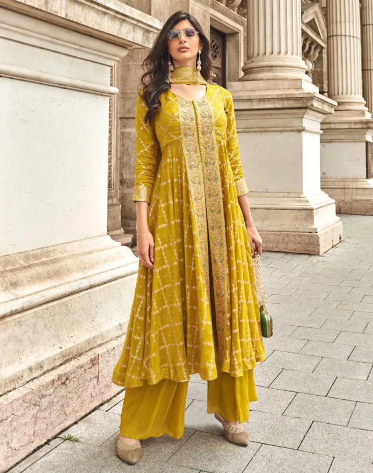 Yellow Viscose Jacquard Silk Hand Work Designer Suit