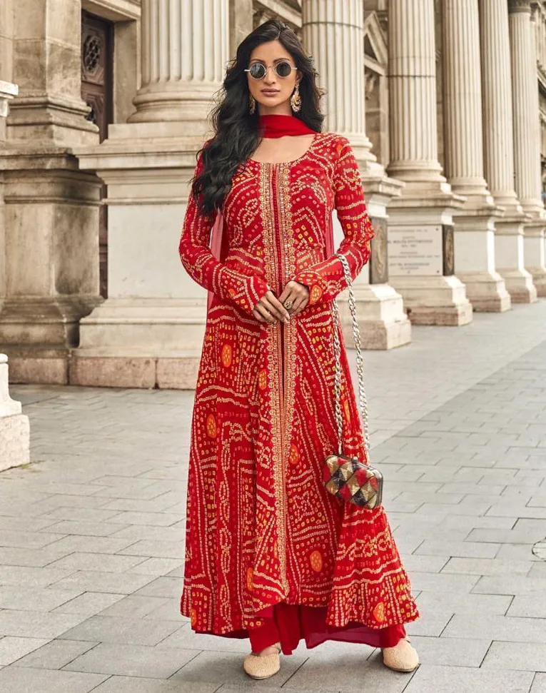 Red Georgette Hand Work Bandhani Printed Designer Suit