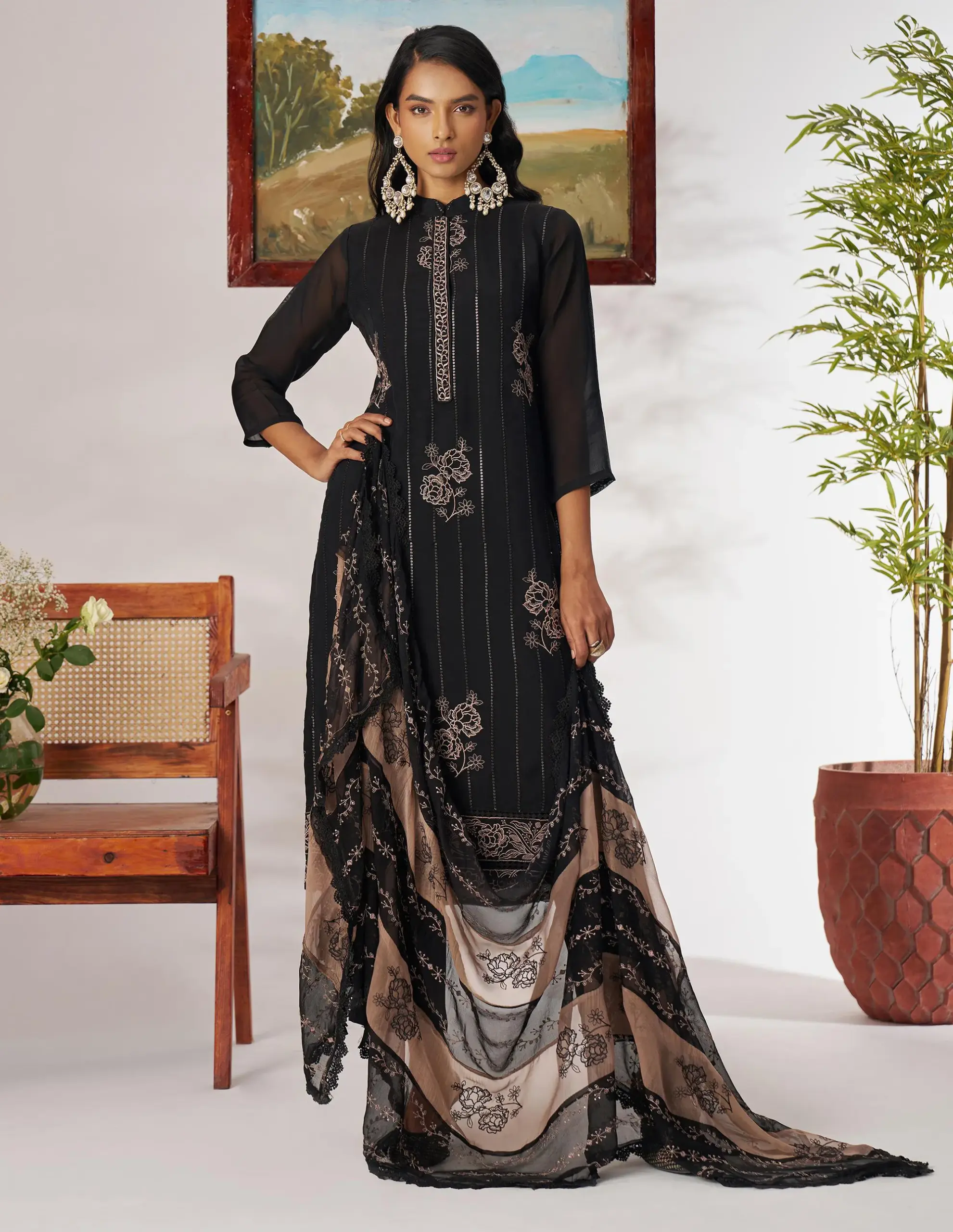 Black Pure Organza Embroidered Readymade Suit