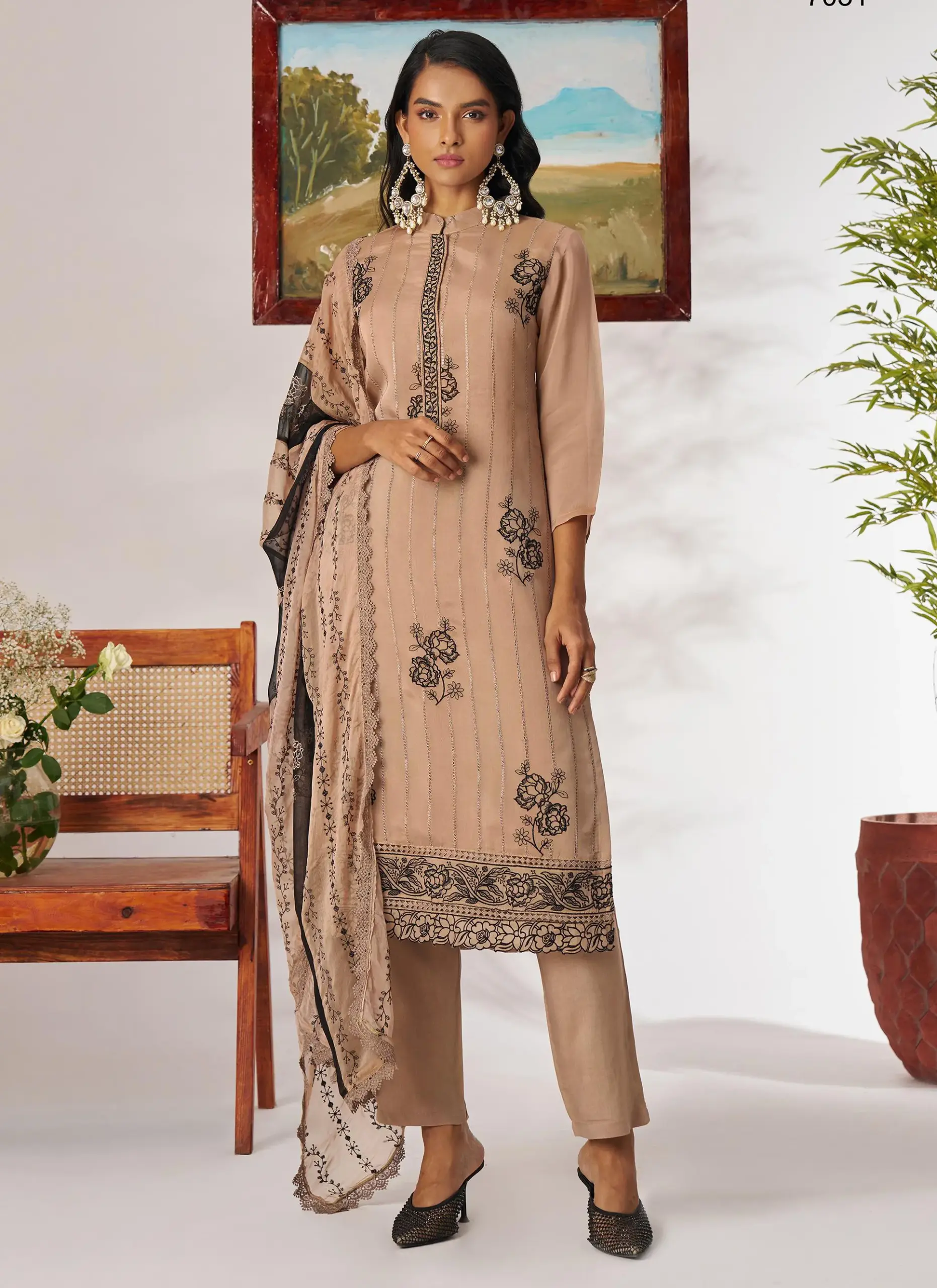 Beige Pure Organza Embroidered Readymade Suit