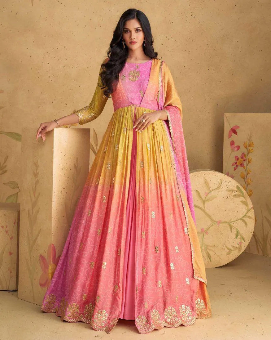Multicolor Real Chinon Silk Embroidered Readymade Designer Suit