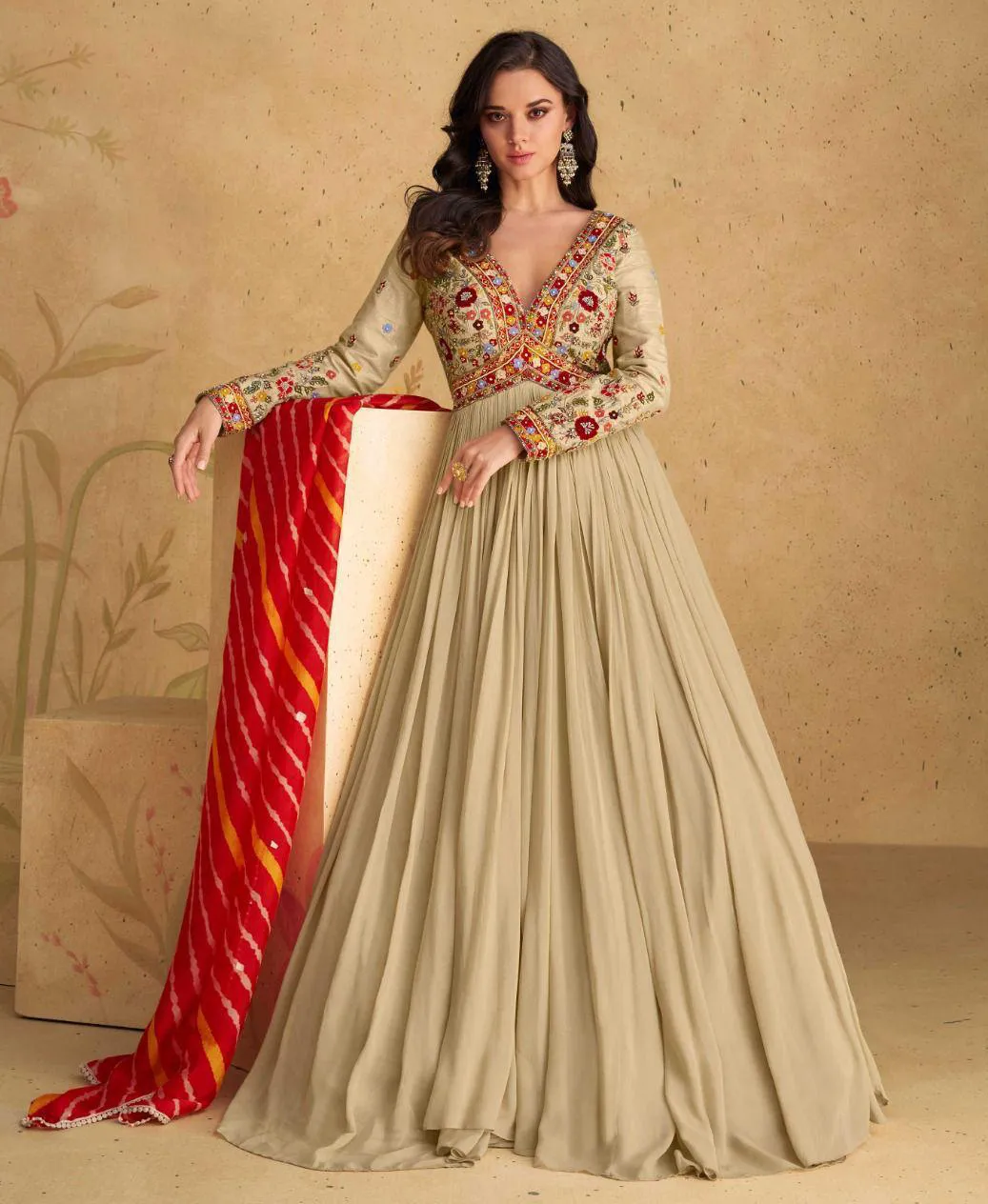 Beige Real Chinon Silk Embroidered Readymade Designer Suit