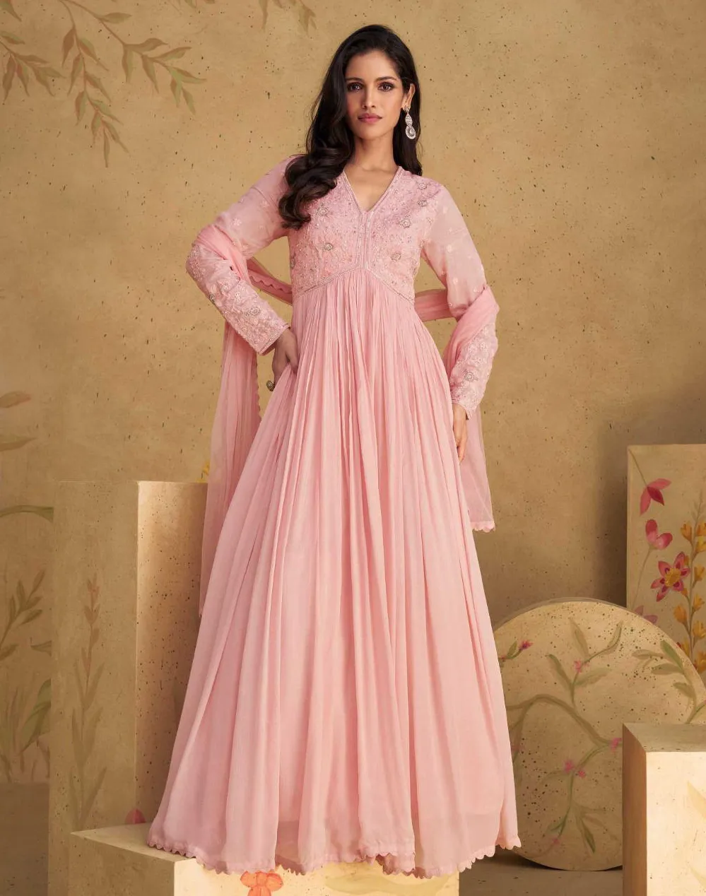 Light Pink Georgette Embroidered Readymade Designer Suit