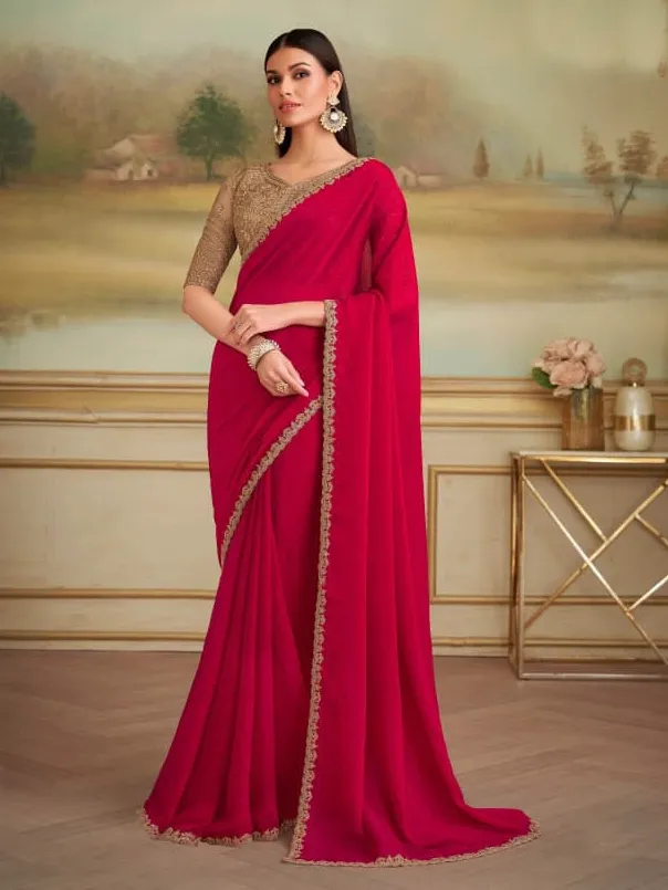 Red Shining Georgette Border Work Saree With Heavy Blouse