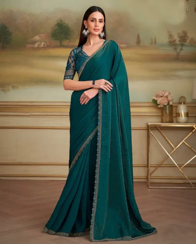 Bottle Green Twilight Georgette Border Work Saree With Heavy Blouse