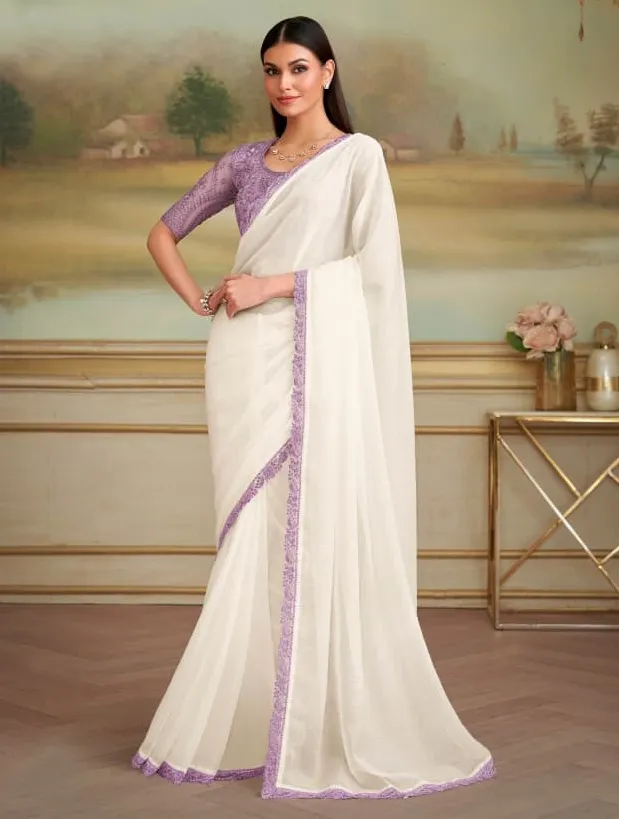 White Sparkle Georgette Border Work Saree With Heavy Blouse