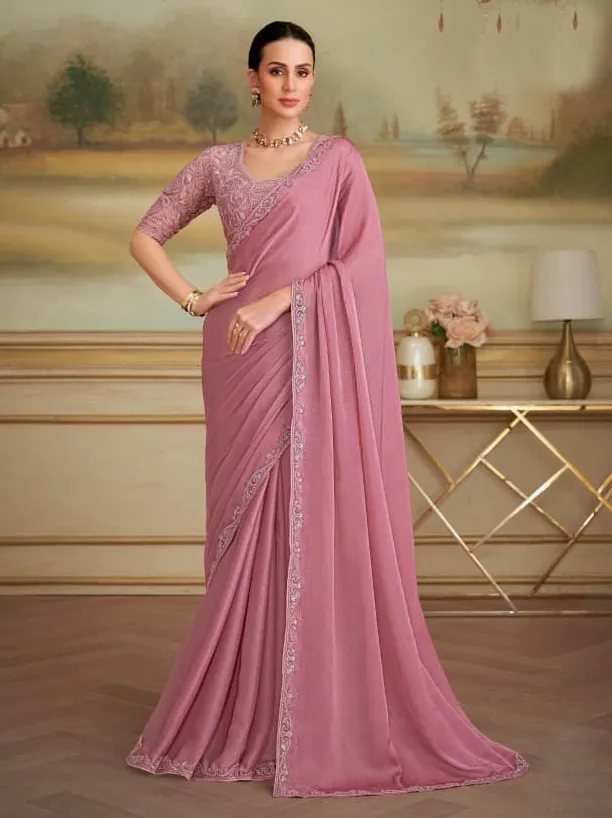Pink Sparkle Georgette Border Work Saree With Heavy Blouse