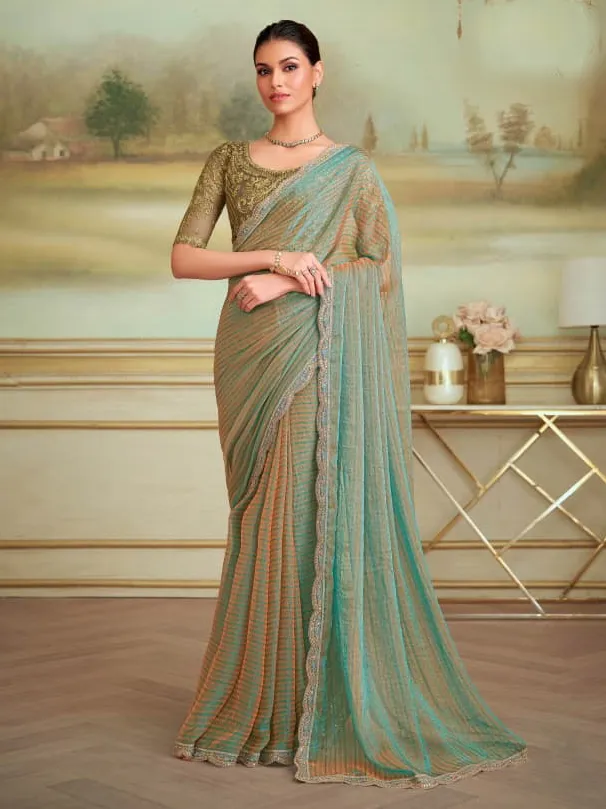 Green Pattern Georgette Border Work Saree With Heavy Blouse