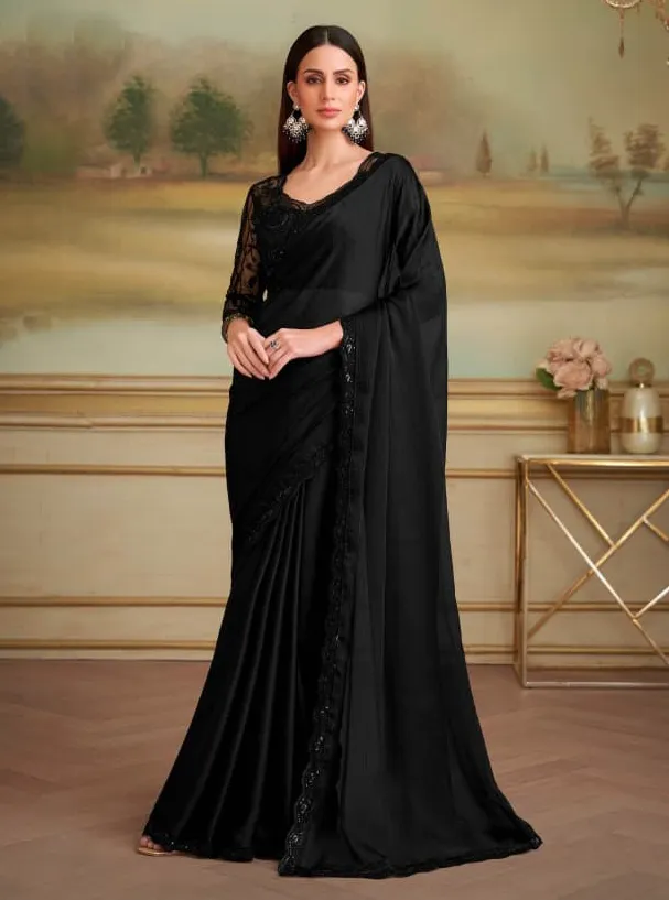 Black Satin Chiffon Border Work Saree With Heavy Blouse