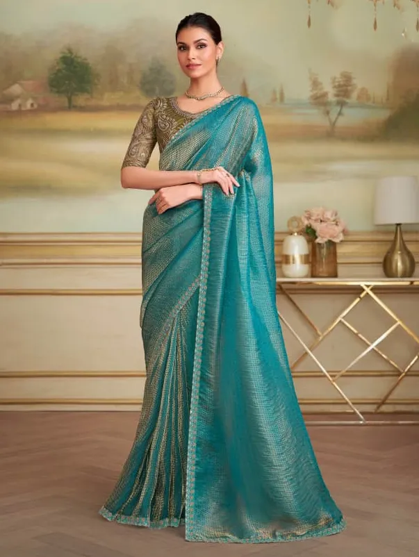 Golden Blue Checks Georgette Border Work Saree With Heavy Blouse