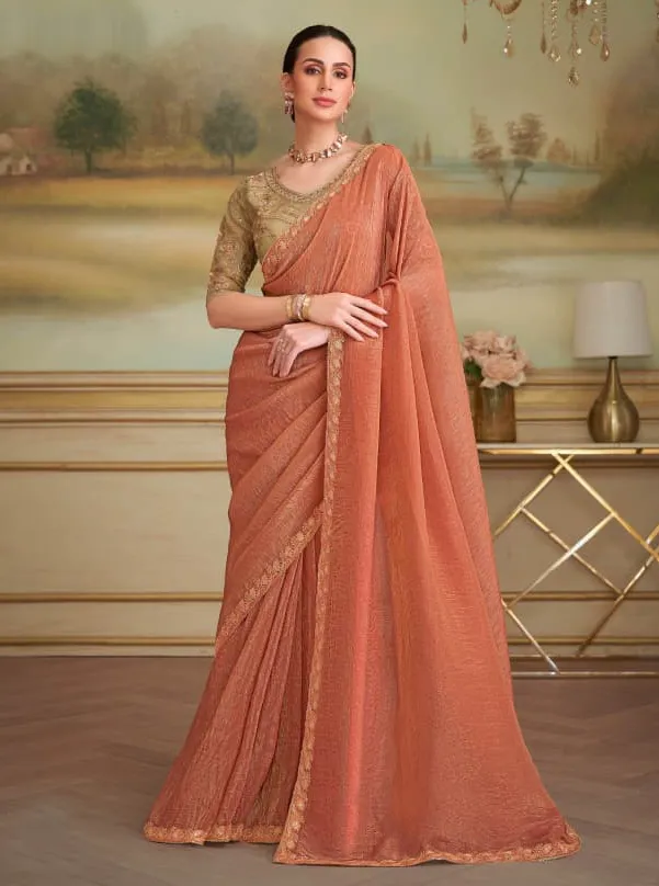 Rust Orange Gold Georgette Border Work Saree With Heavy Blouse