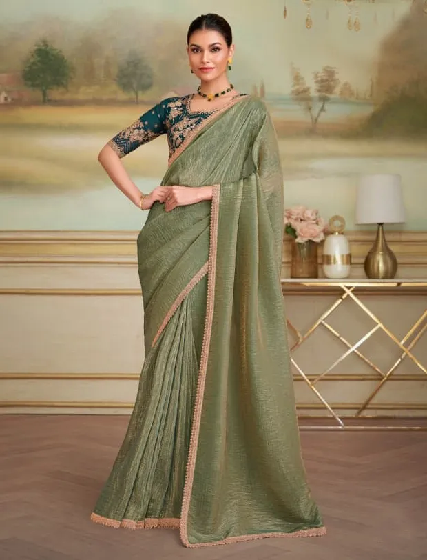 Green Gold Georgette Border Work Saree With Heavy Blouse