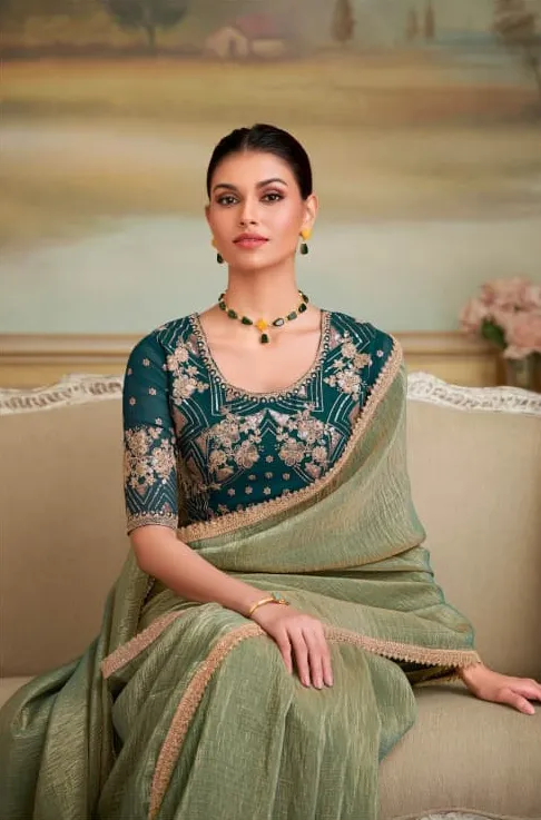 Green Gold Georgette Border Work Saree With Heavy Blouse - Image 2