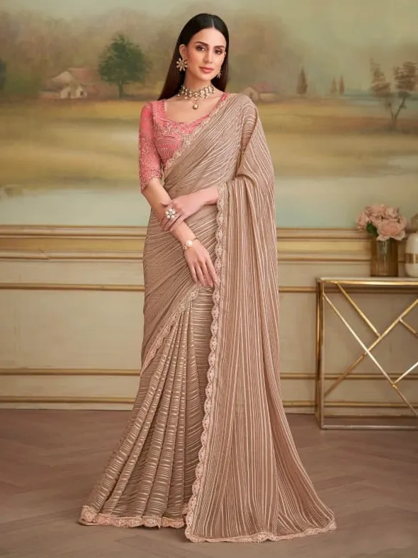 Brown Satin Pattern Georgette Border Work Saree With Heavy Blouse
