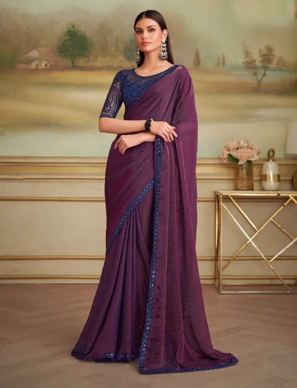 Wine Twilight Georgette Border Work Saree With Heavy Blouse
