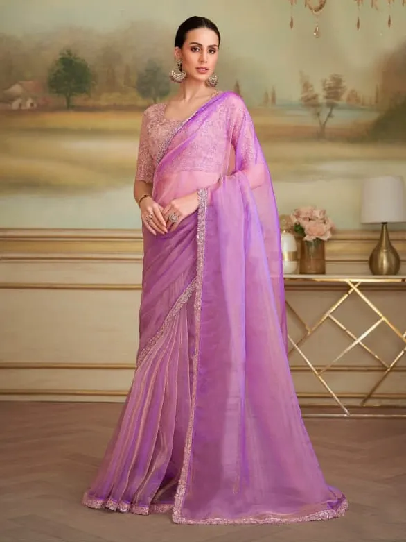 Pink Tissue Georgette Silk Saree With Heavy Blouse