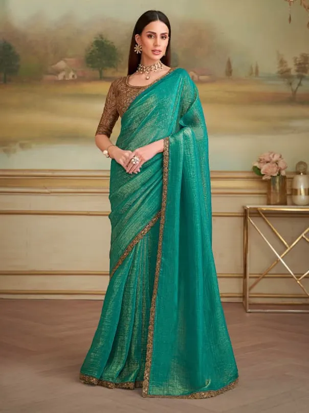 Green Gold Georgette Saree With Heavy Blouse